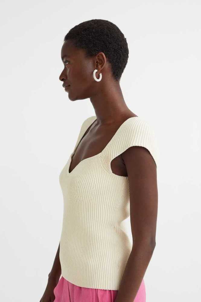 Tops H&M Rib-knit Mujer Beige Claro | 561387PKL