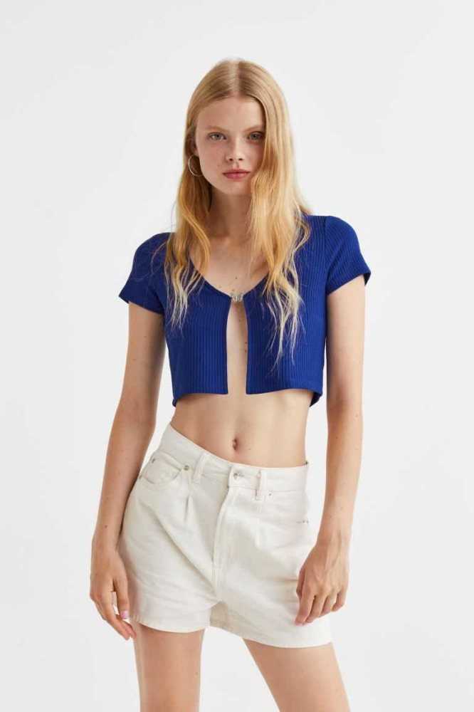 Tops H&M RibbedButterfly Detail Mujer Azules Claro | 627340GOZ