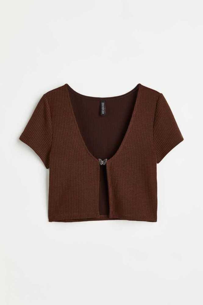 Tops H&M RibbedButterfly Detail Mujer Marrom Oscuro | 748321TLC