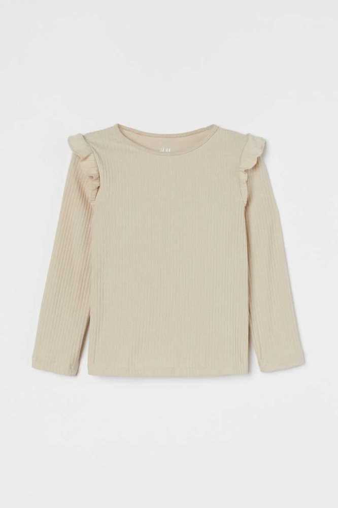 Tops H&M Ruffle-trimmed Acanalado Niños Beige Blancos | 243691ADH