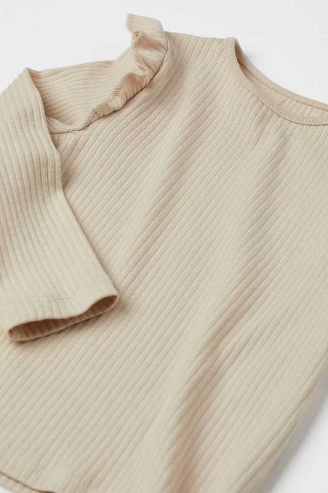 Tops H&M Ruffle-trimmed Acanalado Niños Beige Blancos | 243691ADH