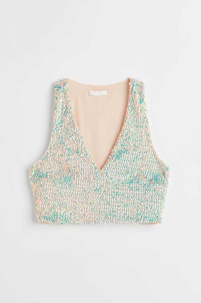 Tops H&M Sequined Crop Mujer Morados Claro | 609481BJC