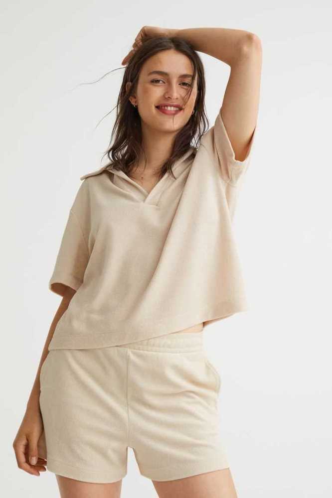 Tops H&M Terry Mujer Beige Claro | 650287KPJ