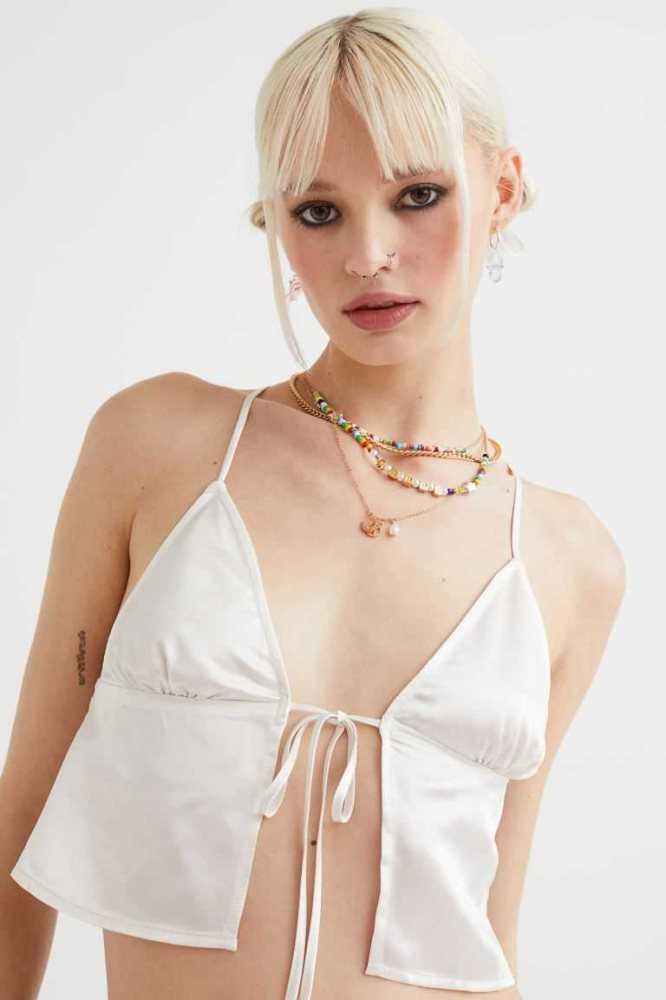 Tops H&M Tie-detail Satin Mujer Blancos | 021859GEJ