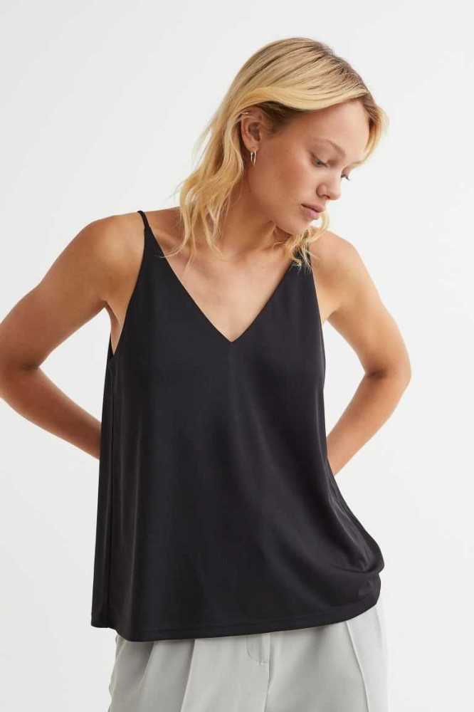 Tops H&M V-neck Camisole Mujer Negros | 918203MDN