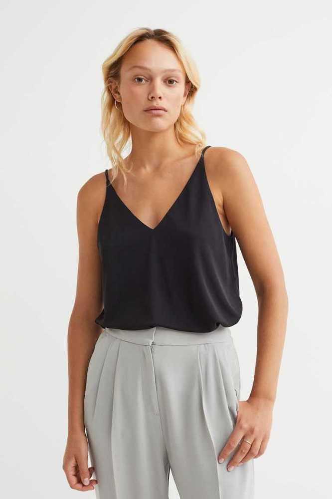 Tops H&M V-neck Camisole Mujer Negros | 918203MDN