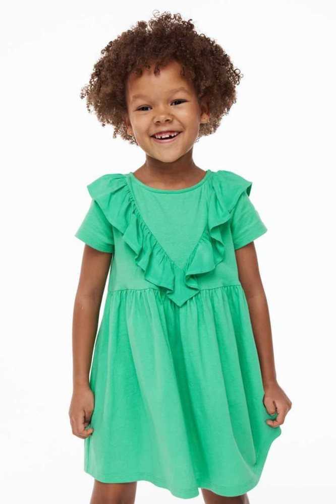 Vestido Corto H&M Flounce-trimmed Algodon Niños Verdes | 905471YKR