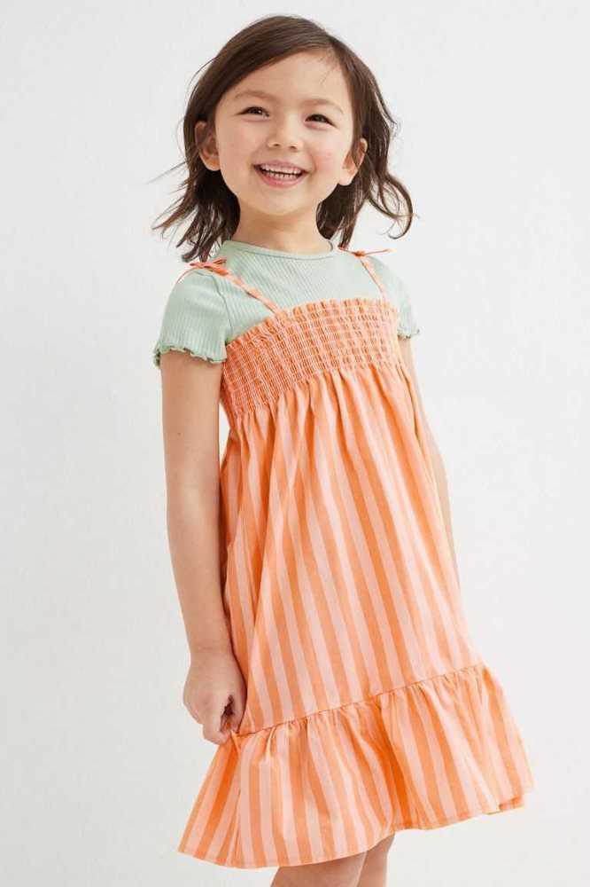 Vestido Corto H&M Smocked Algodon Niños Verdes Claro | 537618QMG