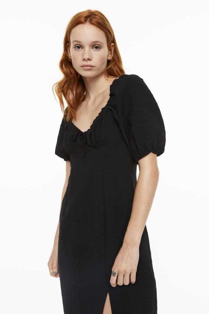 Vestido H&M Balloon-sleeved Creped Mujer Negros | 582614PLN