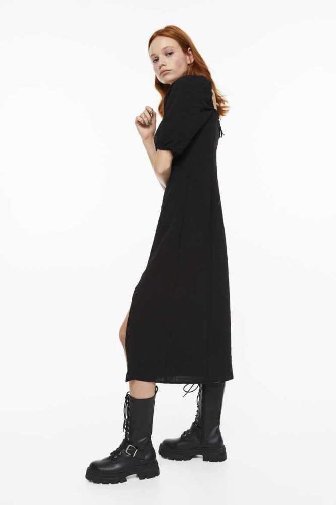 Vestido H&M Balloon-sleeved Creped Mujer Negros | 582614PLN