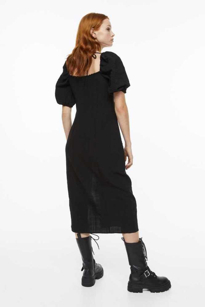 Vestido H&M Balloon-sleeved Creped Mujer Negros | 582614PLN