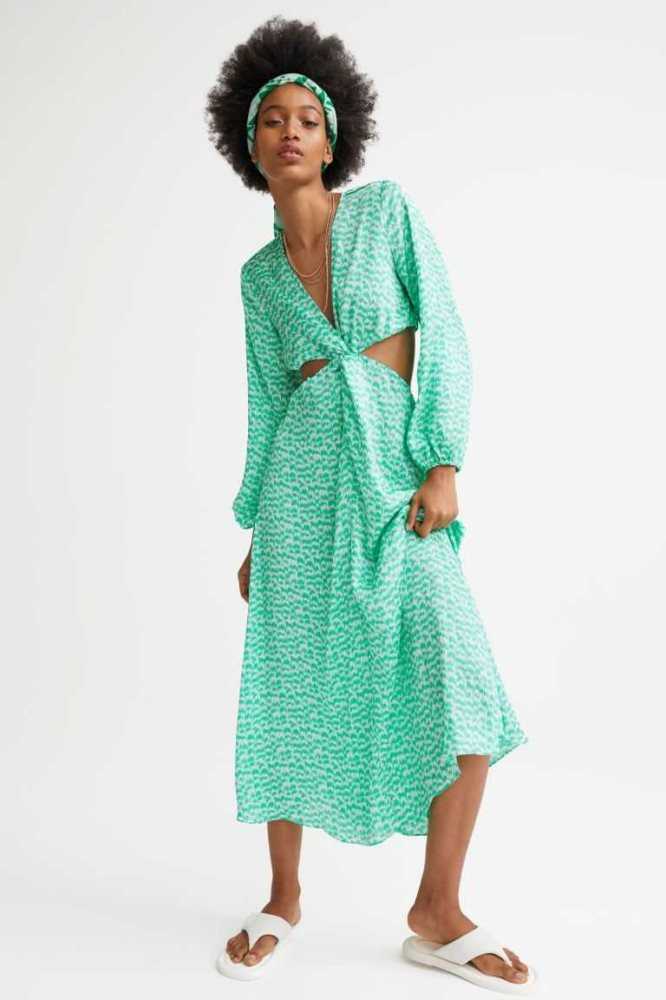 Vestido H&M Balloon-sleeved Cut-out Creped Mujer Verdes | 264750VBJ