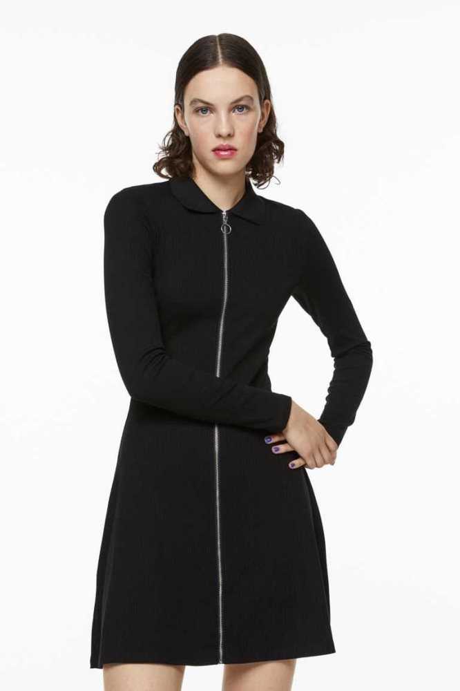 Vestido H&M Collared Zip-front Mujer Negros | 128469PON