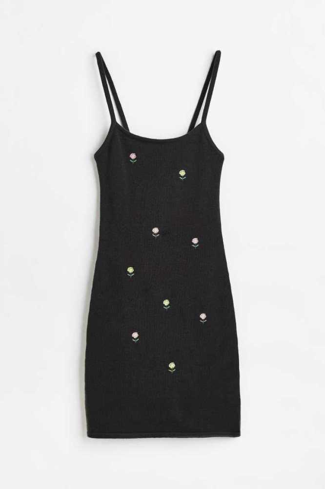 Vestido H&M Embroidered Knit Mujer Negros | 512703DAZ