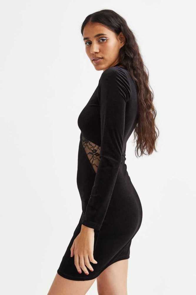 Vestido H&M Encaje-detail Velour Bodycon Mujer Negros | 032147ZMU