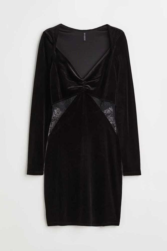 Vestido H&M Encaje-detail Velour Bodycon Mujer Negros | 032147ZMU