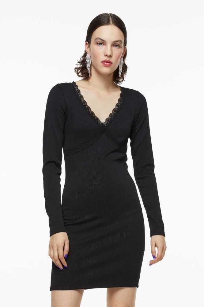 Vestido H&M Encaje-trimmed Acanalado Mujer Negros | 453916GUM