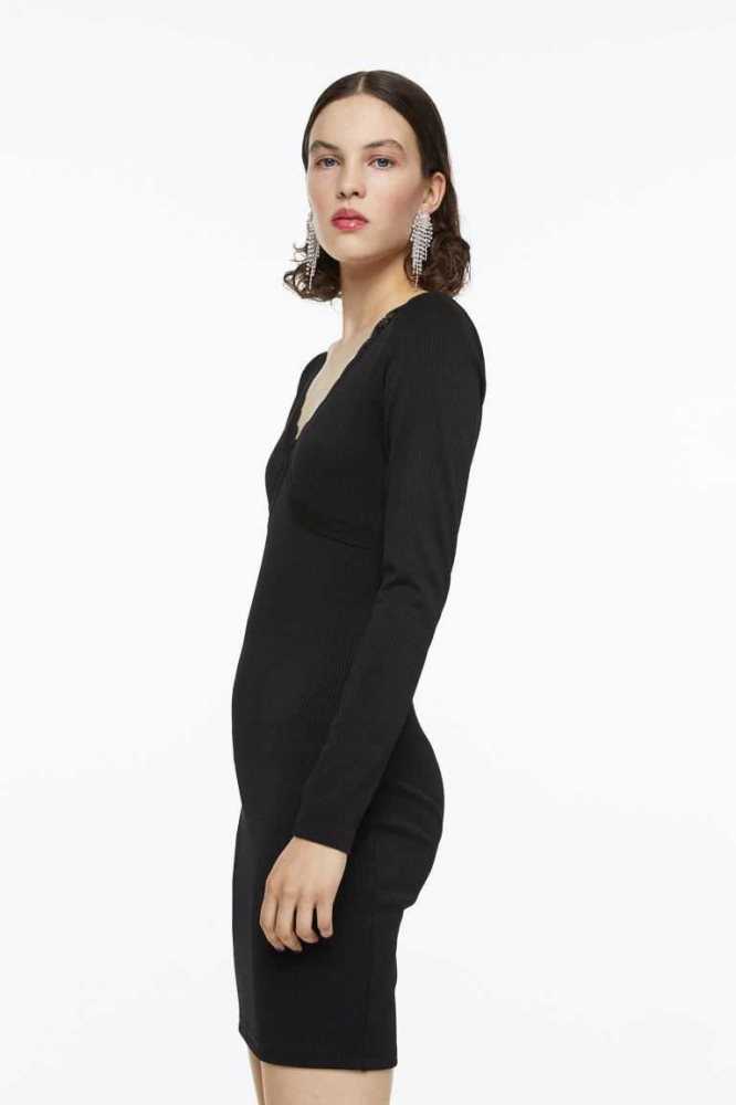 Vestido H&M Encaje-trimmed Acanalado Mujer Negros | 453916GUM