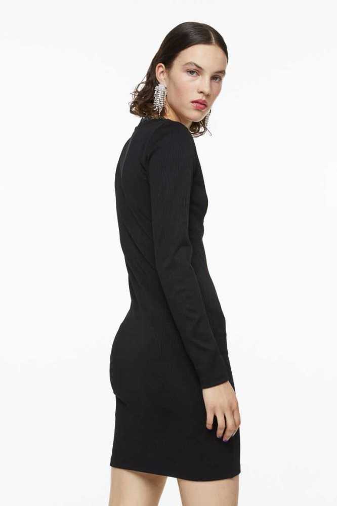 Vestido H&M Encaje-trimmed Acanalado Mujer Negros | 453916GUM