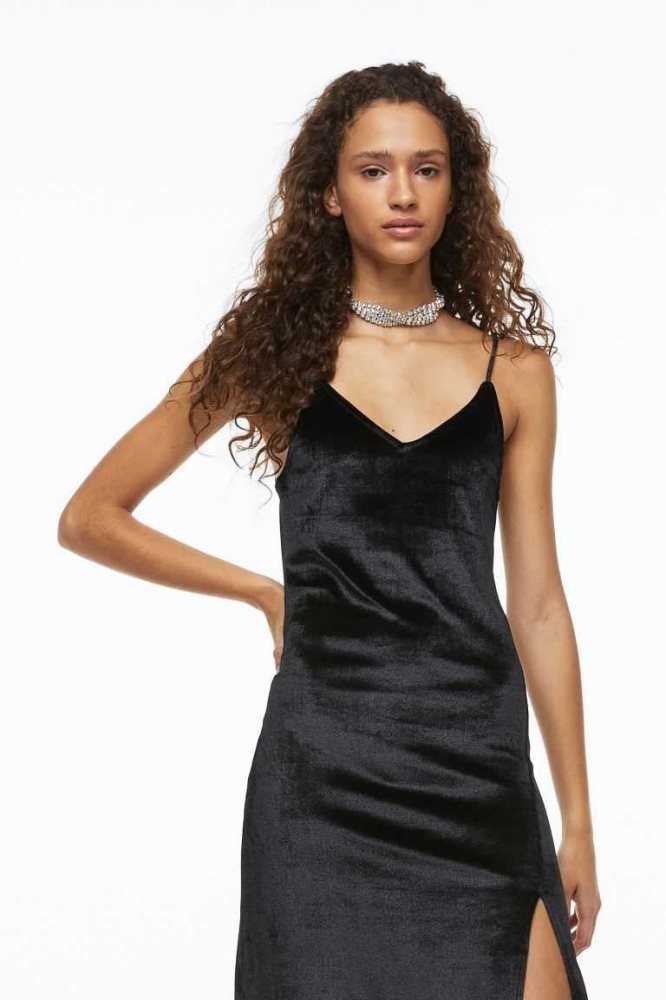 Vestido H&M Encaje-trimmed Velour Slip Mujer Negros | 520967GQV