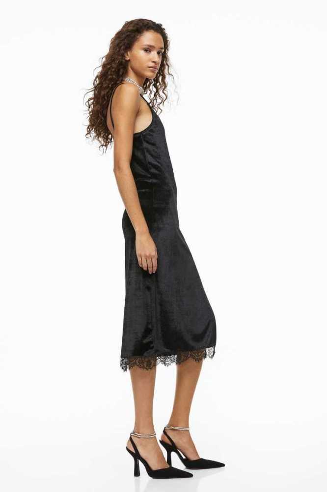 Vestido H&M Encaje-trimmed Velour Slip Mujer Negros | 520967GQV