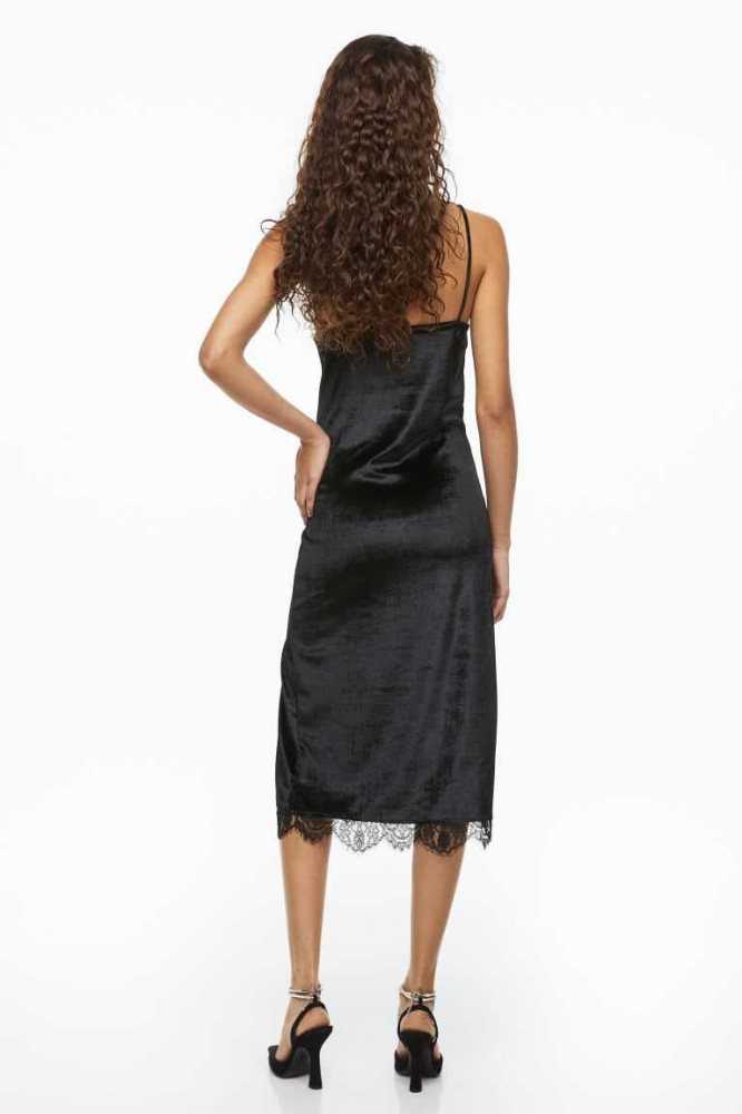 Vestido H&M Encaje-trimmed Velour Slip Mujer Negros | 520967GQV