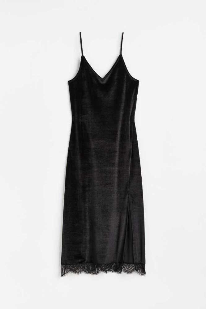 Vestido H&M Encaje-trimmed Velour Slip Mujer Negros | 520967GQV