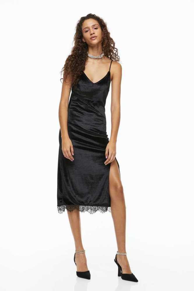 Vestido H&M Encaje-trimmed Velour Slip Mujer Negros | 520967GQV