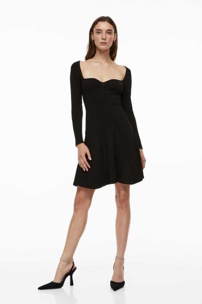 Vestido H&M Flared-skirt Rib-knit Mujer Negros | 708496EXD