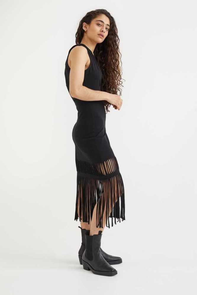 Vestido H&M Fringe-trimmed Mujer Negros | 147309CDX