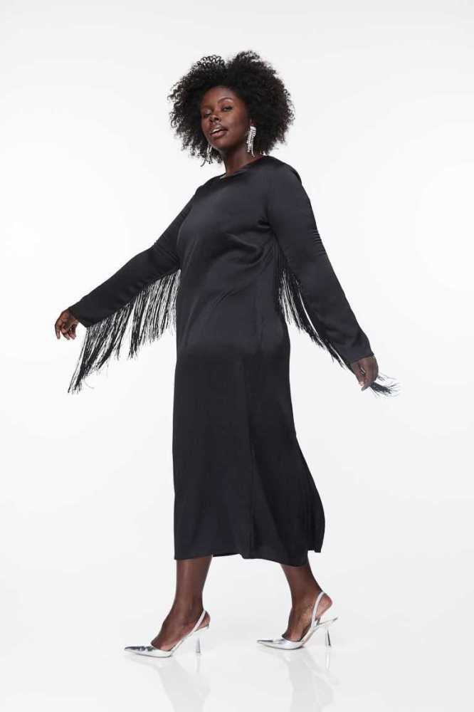 Vestido H&M Fringe-trimmed Satin Mujer Negros | 751683OJF