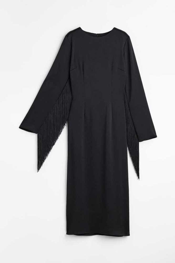 Vestido H&M Fringe-trimmed Satin Mujer Negros | 751683OJF