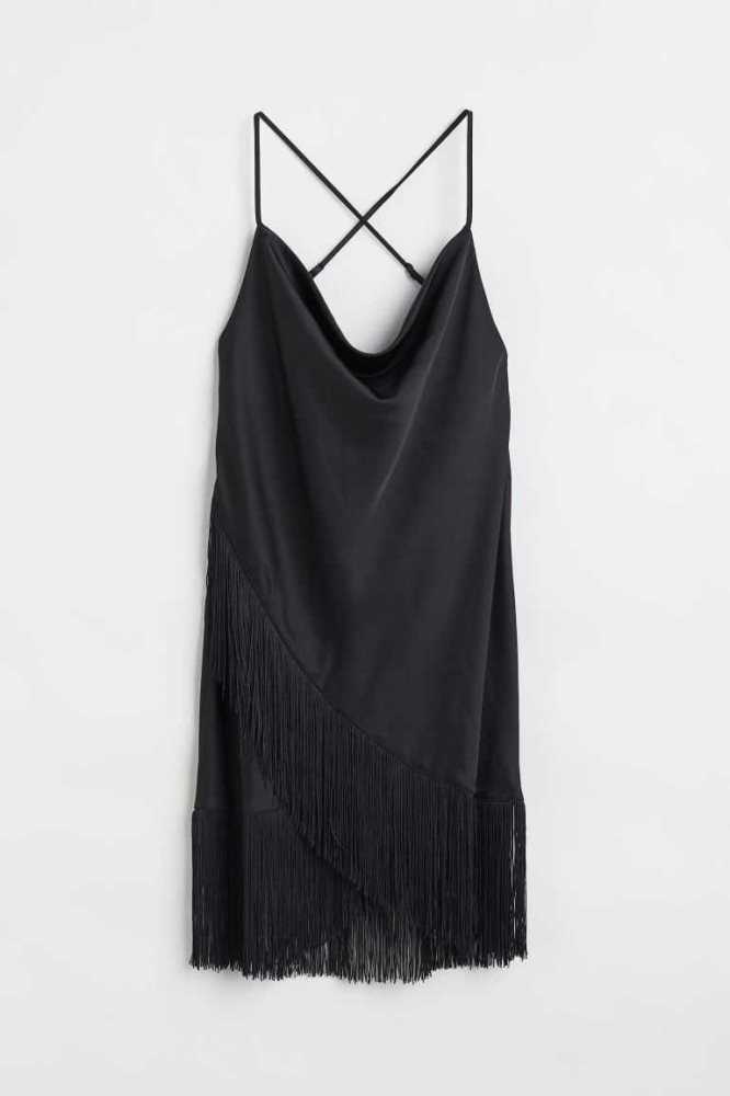 Vestido H&M Fringed Satin Mujer Negros | 437506ALM