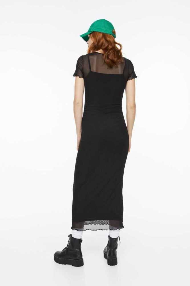 Vestido H&M Gathered Mesh Bodycon Mujer Negros | 082139BLA