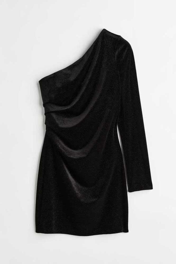 Vestido H&M Glittery Velour One-shoulder Mujer Negros | 183594LXC