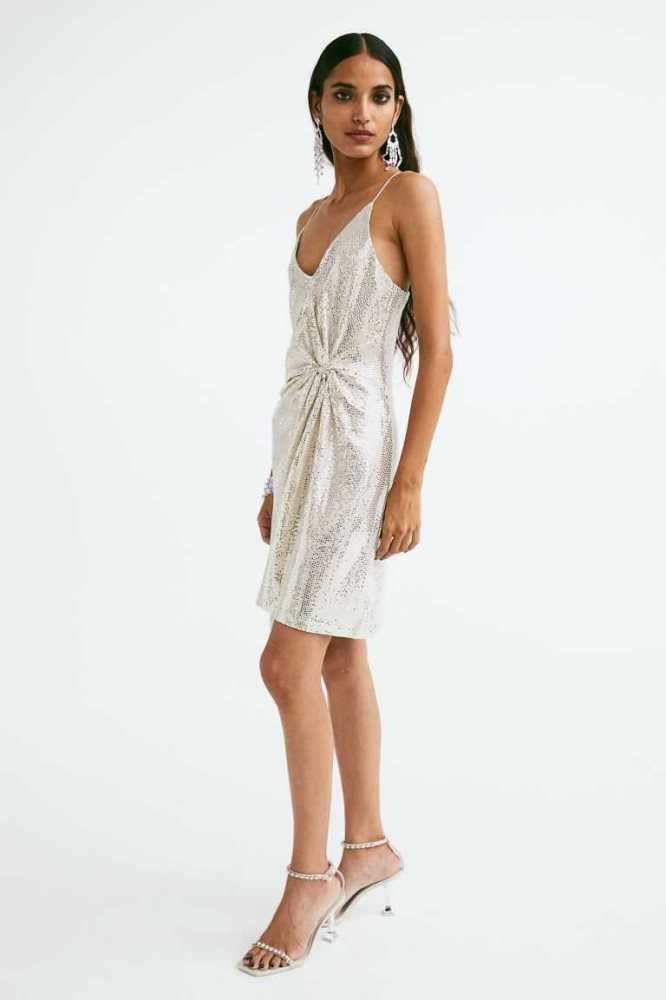 Vestido H&M Knot-detail Sequined Mujer Beige Plateados | 950327DIE