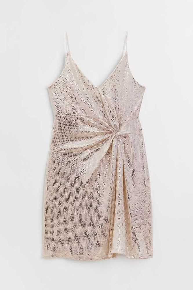 Vestido H&M Knot-detail Sequined Mujer Beige Plateados | 950327DIE