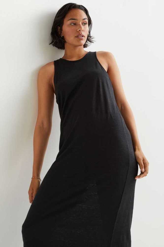 Vestido H&M Long Linen Jersey Mujer Negros | 356417XKF