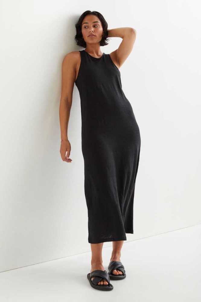 Vestido H&M Long Linen Jersey Mujer Negros | 356417XKF