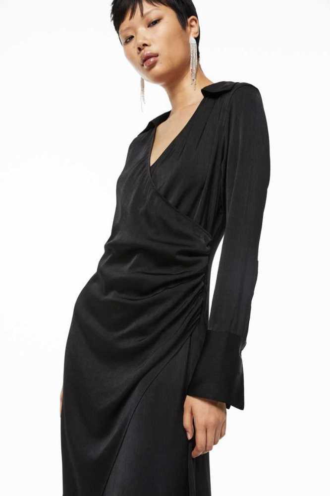 Vestido H&M Long Wrap-front Mujer Negros | 091478FKV