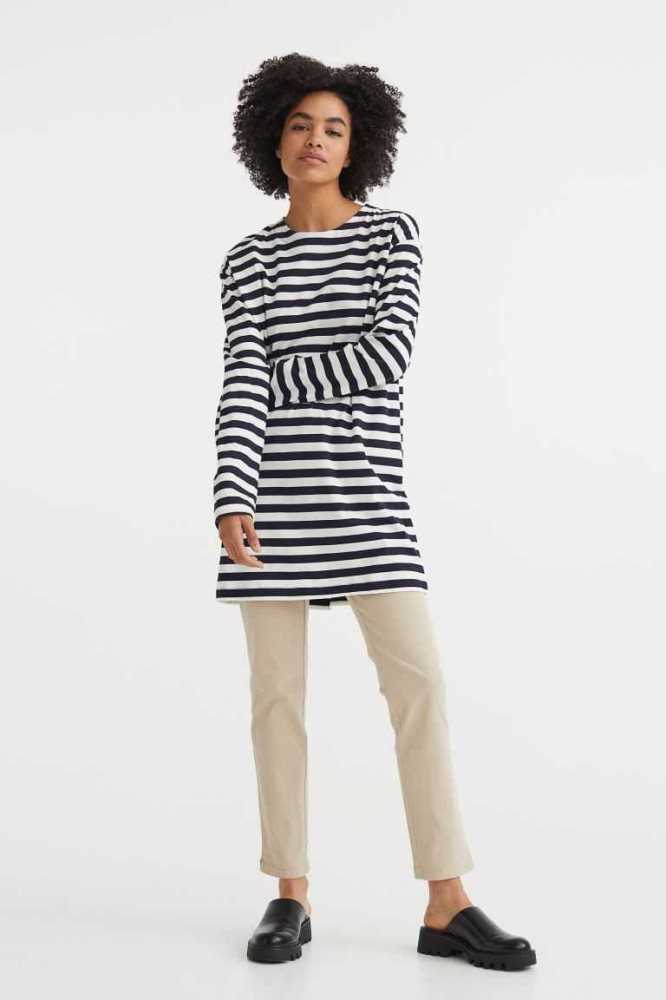 Vestido H&M Long-sleeved Algodon Mujer Azules Oscuro Blancos | 065712EGF