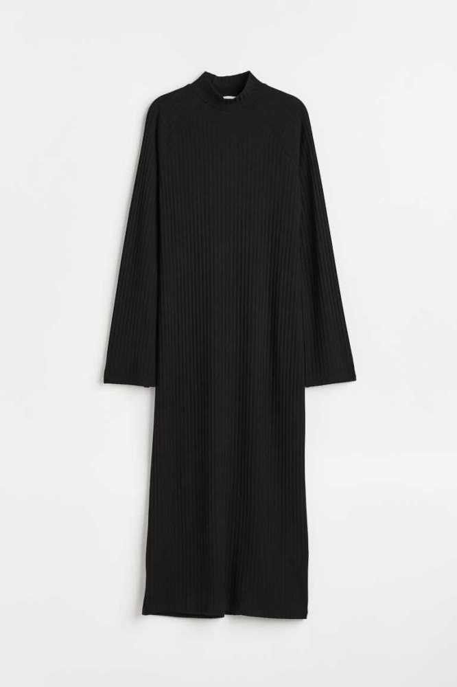 Vestido H&M Mock-turtleneck Acanalado Mujer Negros | 416378TPR