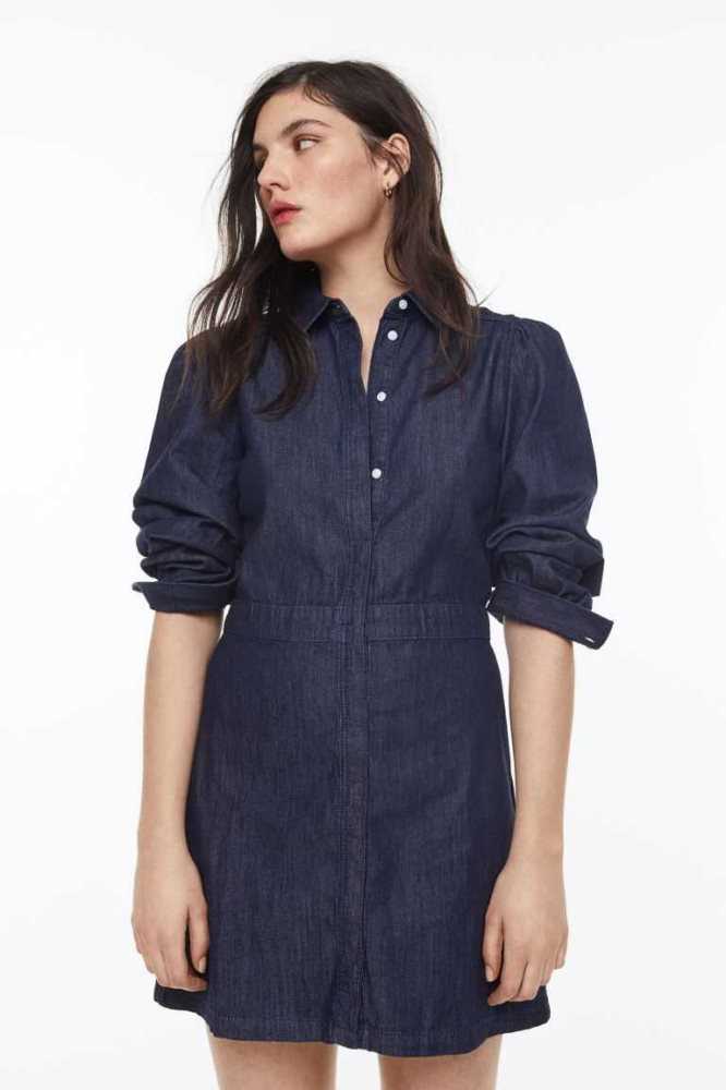 Vestido H&M Puff-sleeved denim shirt Mujer Azules Oscuro | 512386DQF