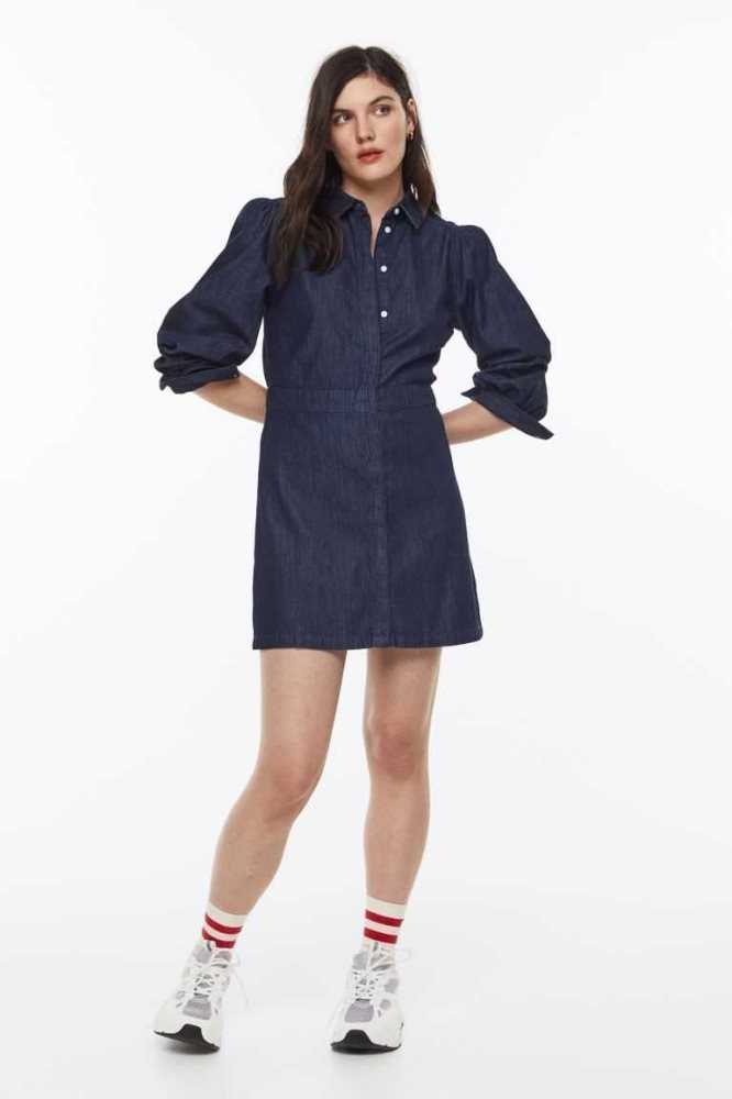 Vestido H&M Puff-sleeved denim shirt Mujer Azules Oscuro | 512386DQF