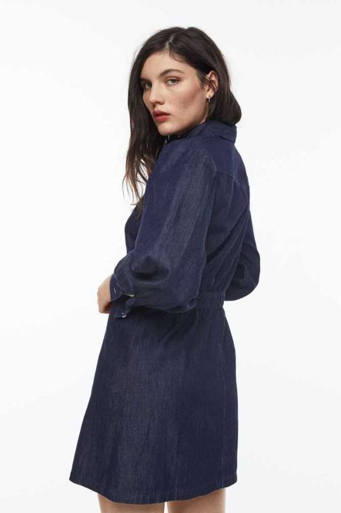 Vestido H&M Puff-sleeved denim shirt Mujer Azules Oscuro | 512386DQF