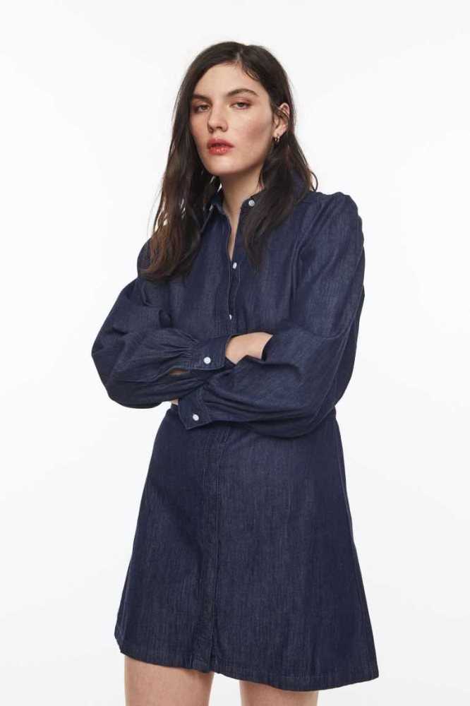 Vestido H&M Puff-sleeved denim shirt Mujer Azules Oscuro | 512386DQF