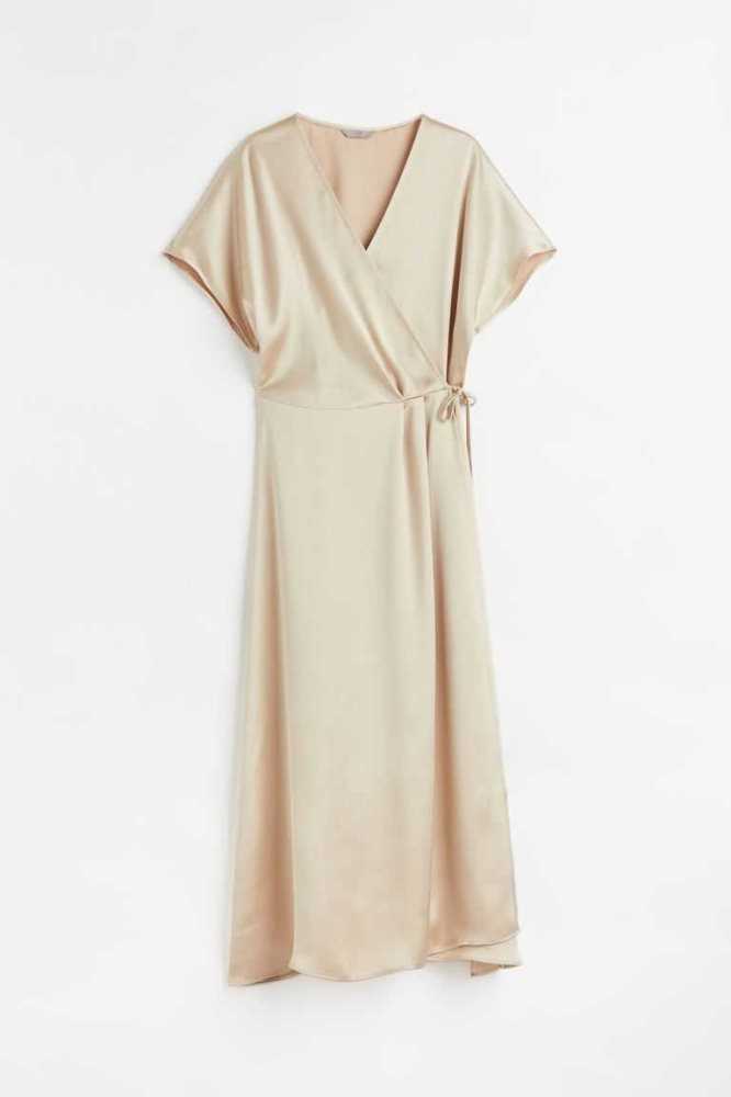 Vestido H&M Satin Wrap-front Mujer Beige Claro | 420978WNU