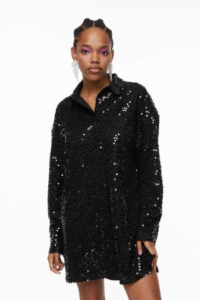 Vestido H&M Sequined Shirt Mujer Negros | 718920WDA