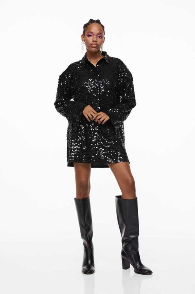 Vestido H&M Sequined Shirt Mujer Negros | 718920WDA