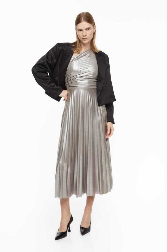 Vestido H&M Shimmery Metallic Plisado Mujer Plateados | 891520QEY